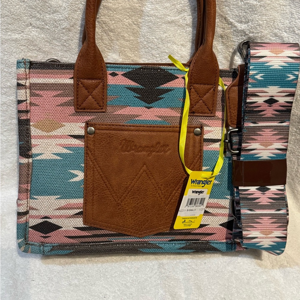 Wrangler Pink Teal Aztec Tote with Brown Trim and Detachable Strap